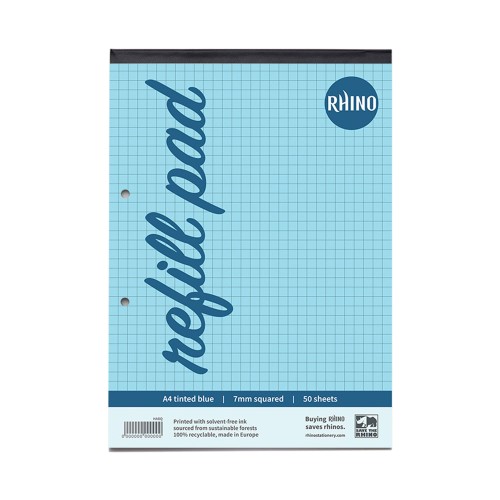 RHINO A4 Blue Paper Refill Pad 100 Page 7mm Squared (Pack of 36)