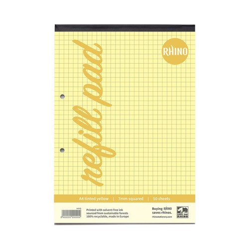 RHINO A4 Yellow Paper Refill Pad 100 Page 7mm Squared (Pack of 36)
