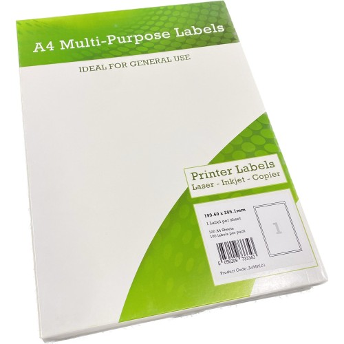 A4 Multipurpose Labels 1 Per Sheet 199.6 x 289mm (White) Pk of 100