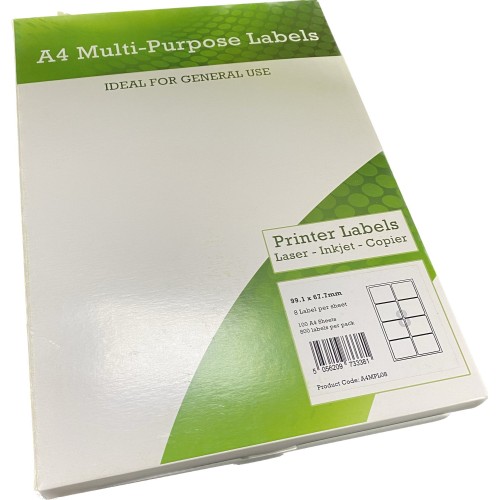 A4 Multipurpose Labels 8 Per Sheet 99.1 x 67.7mm (White) Pk of 100