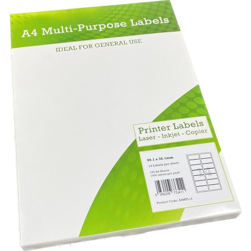 A4 Multipurpose Labels 14 Per Sheet 99.1 x 38.1mm (White) Pk of 100
