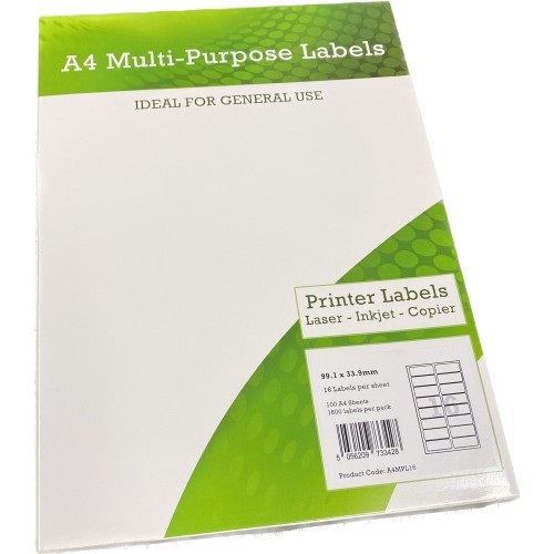 A4 Multipurpose Labels 16 Per Sheet 99.1 x 33.9mm (White) Pk of 100
