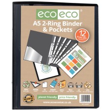 A5 65% Recycled Ring Binder with 12 Multi Punched Pockets - Single