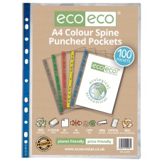 A4 100% Recycled Bag Colour Spine Multi Punched Pockets - Pack of 100