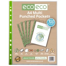 A4 100% Recycled Bag 100 65 Micron Multi Punched Pockets - Pack of 100