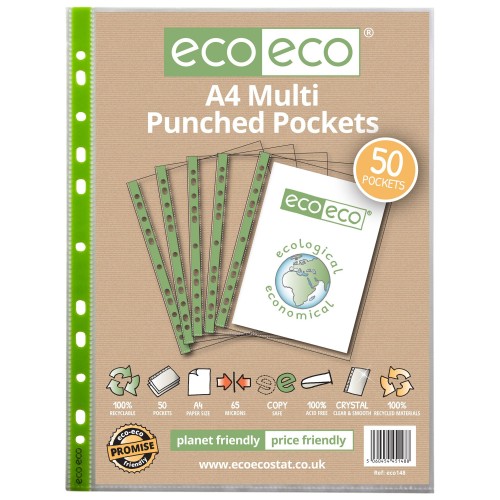 A4 100% Recycled Bag 50 65 Micron Multi Punched Pockets - Pack of 50