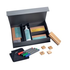 Starter set for boards - Board Marker (4), Wooden Square Magnets (4), Wooden Board Eraser (1), spare pad, Magnetic Cleaning Cloth (1), Cleaning Spray (1)