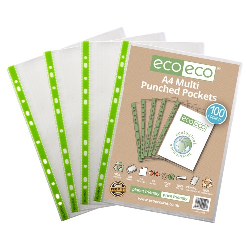A4 100% Recycled Bag 100 65 Micron Multi Punched Pockets - Pack of 100