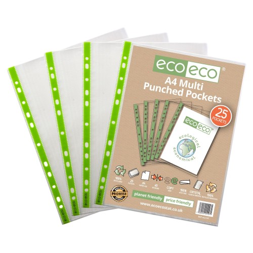 A4 100% Recycled Bag 25 65 Micron Multi Punched Pockets - Pack of 25